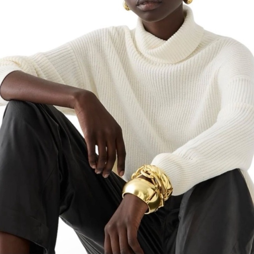 J. Crew Cotton Cashmere Ribbed Turtleneck Sweater Ivory Cream Xlarge